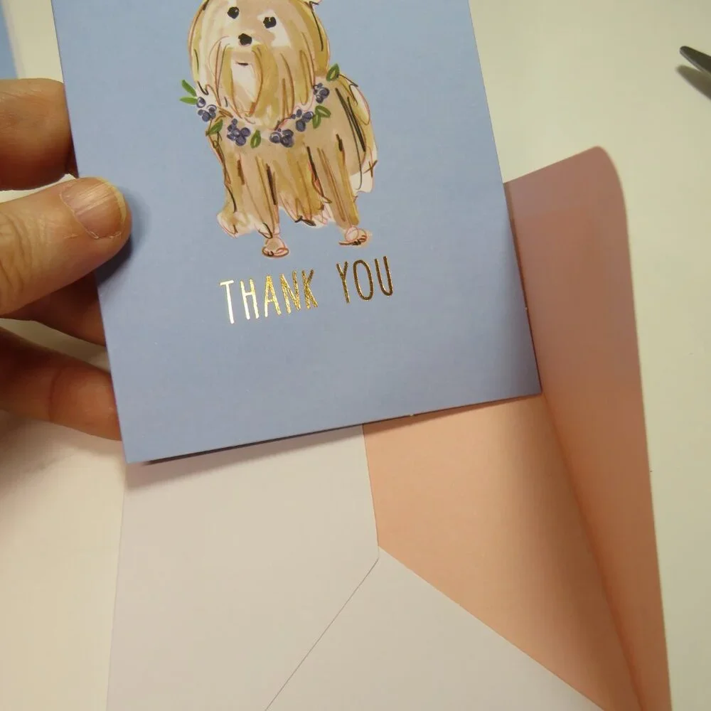 Pastel Dog (8) Note Cards THANK YOU Gold Blank inside Puppy